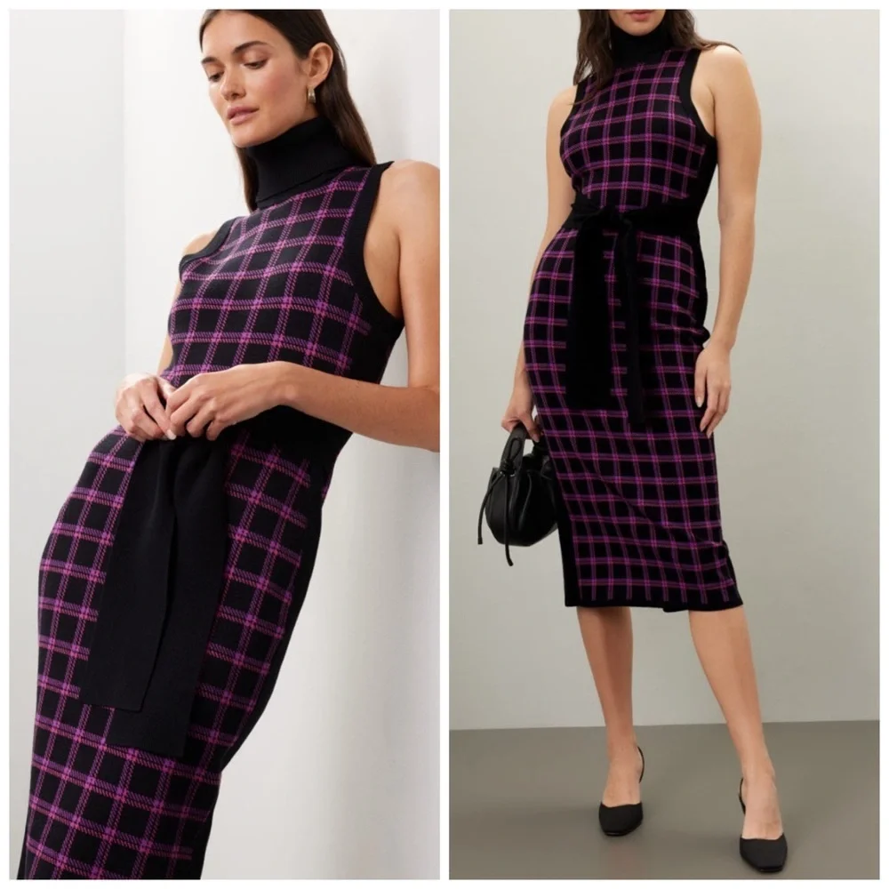 Toccin Peggy Sleeveless Plaid Knit Midi Dress Tie Waist XL Purple Multi